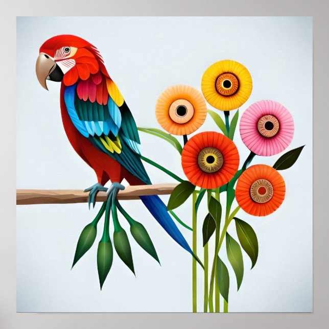 Painting of a Parrot Amongst a Rainbow of Blooms Poster (Front)