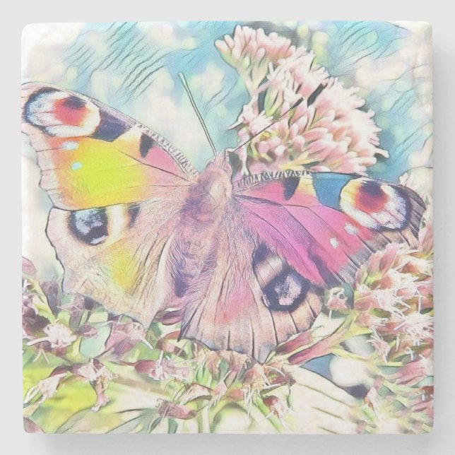 Painting of a pink butterfly on coloured flowers s stone coaster (Front)