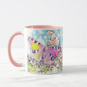 Painting of a pink butterfly on coloured flowers T Mug