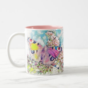 Painting of a pink butterfly on coloured flowers Two-Tone coffee mug