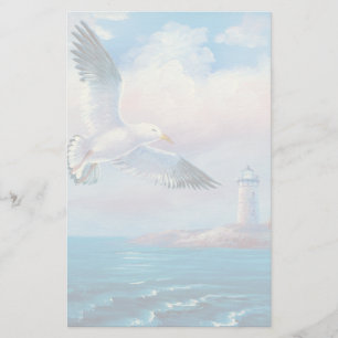 Painting Of A Seagull Flying Near A Lighthouse
