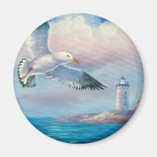 Painting Of A Seagull Flying Near A Lighthouse Magnet