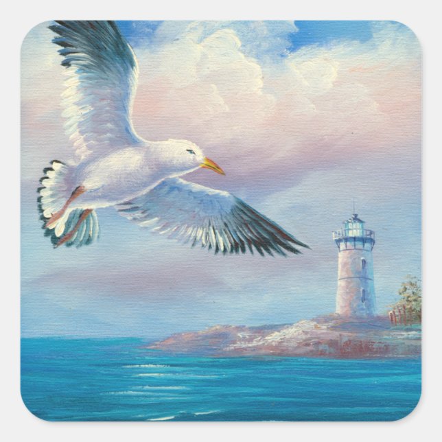 Painting Of A Seagull Flying Near A Lighthouse Square Sticker (Front)
