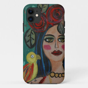 PAINTING OF A WOMAN WITH SMALL PARROT. iPhone 11 CASE