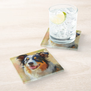 PAINTING OF AN AUSTRALIAN SHEPHERD DOG GLASS COASTER