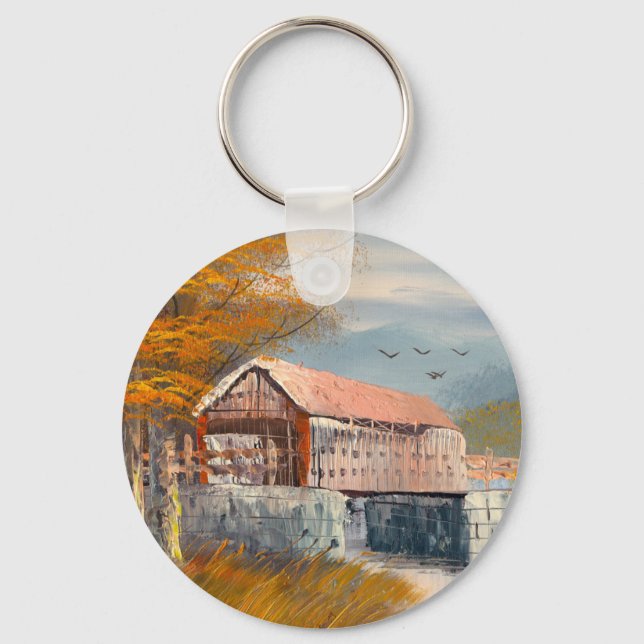 Painting Of An Old Pennsylvania Covered Bridge Key Ring (Front)