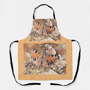 Painting of an orange and black butterfly on flowe apron
