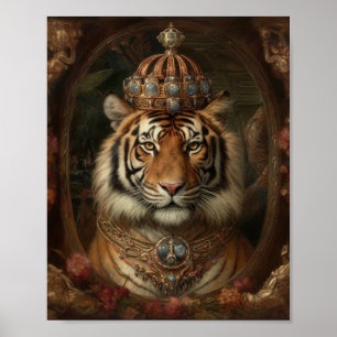 Painting of an tiger with a crown and flowers poster