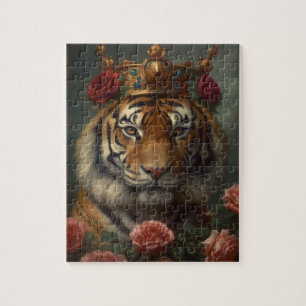Painting of an tiger with a crown and Roses Jigsaw Puzzle