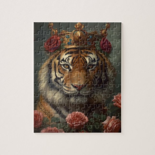 Painting of an tiger with a crown and Roses Jigsaw Puzzle (Vertical)