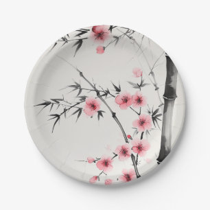 Painting of bamboo and cherry blossoms in wash paper plate