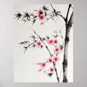 Painting of bamboo and cherry blossoms in wash  poster
