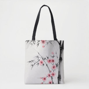 Painting of bamboo and cherry blossoms in wash tote bag