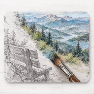 Painting of Bench Overlooking Mountain Valley Mouse Pad