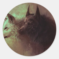 Painting of black wolf and white wolf.
