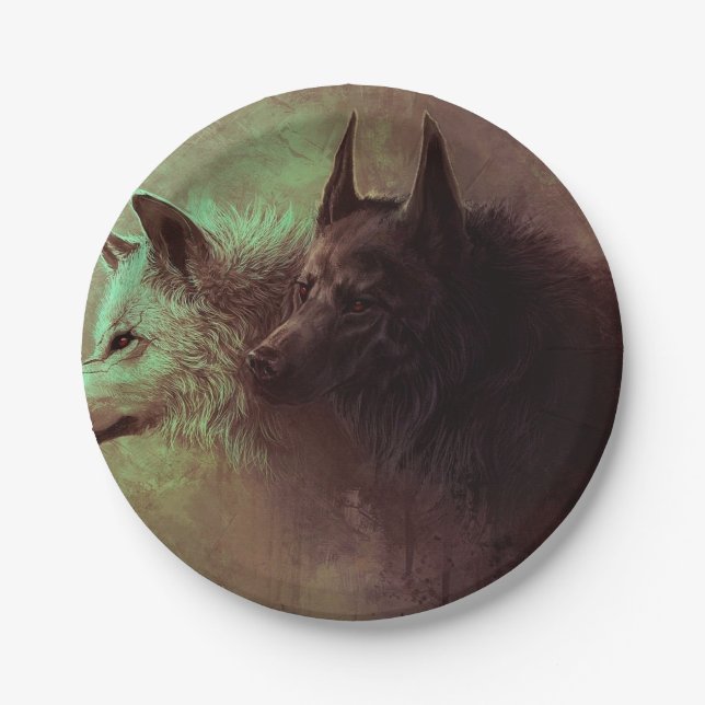 Painting of black wolf and white wolf. paper plate (Front)