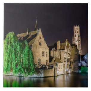 Painting of Bruges old town and Belfry tower Ceramic Tile