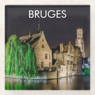 Painting of Bruges old town and Belfry tower Glass Coaster
