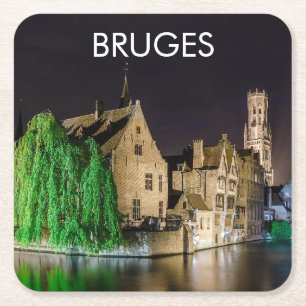 Painting of Bruges old town and Belfry tower Square Paper Coaster