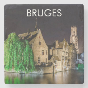 Painting of Bruges old town and Belfry tower Stone Coaster