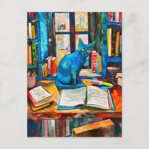painting of Cat Among Open Books Postcard