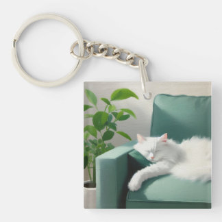 Painting of Cat Sleeping on a Green Couch Key Ring
