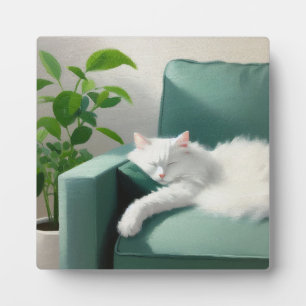 Painting of Cat Sleeping on a Green Couch Plaque