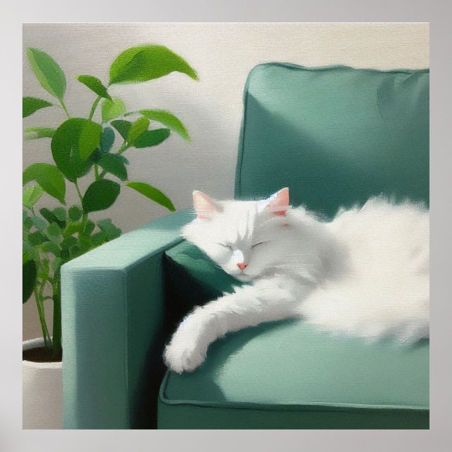 Painting of Cat Sleeping on a Green Couch Poster (Front)