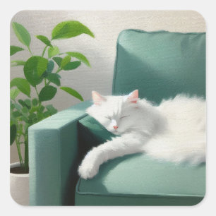 Painting of Cat Sleeping on a Green Couch Square Sticker
