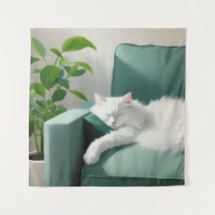 Painting of Cat Sleeping on a Green Couch Tapestry