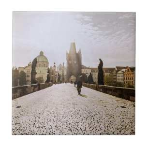 Painting of Charles bridge in Prague on sunrise Ceramic Tile