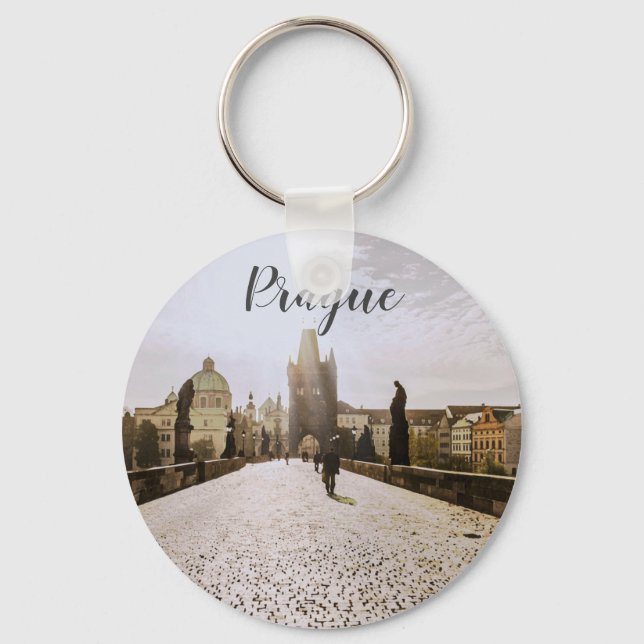 Painting of Charles bridge in Prague on sunrise Key Ring (Front)