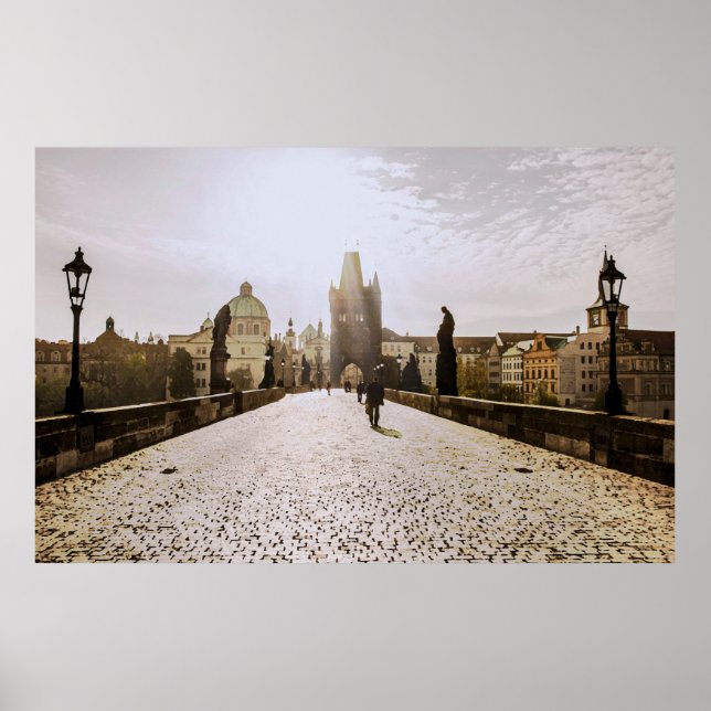 Painting of Charles bridge in Prague on sunrise Poster (Front)
