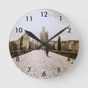 Painting of Charles bridge in Prague on sunrise Round Clock