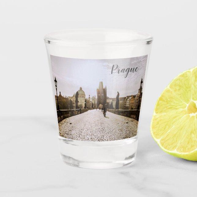 Painting of Charles bridge in Prague on sunrise Shot Glass (Front)