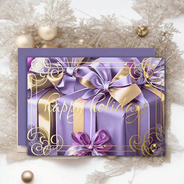 Painting of Christmas Gifts Lavender Purple Foil Holiday Card (Creator Uploaded)