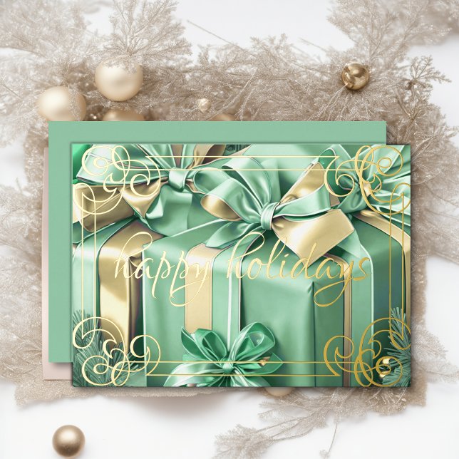 Painting of Christmas Gifts Mint Green Foil Holiday Card (Creator Uploaded)