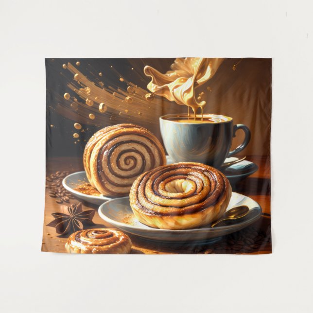 Painting of Coffee Cup and Cinnamon Rolls Abstract Tapestry (Front (Horizontal))