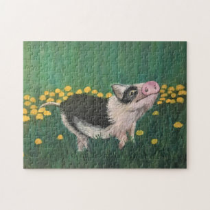 Painting of Cute Grey Black and White Piglet   Jigsaw Puzzle