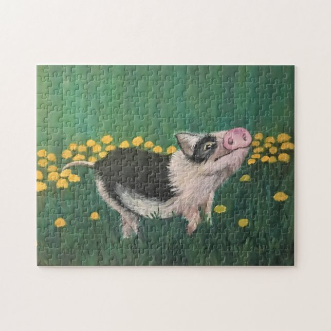 Painting of Cute Grey Black and White Piglet   Jigsaw Puzzle (Horizontal)