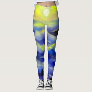 Painting of dark blue sea waves under the sun leggings
