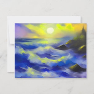 Painting of dark blue sea waves under the sun postcard