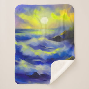 Painting of dark blue sea waves under the sun sherpa blanket