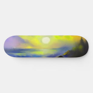 Painting of dark blue sea waves under the sun skateboard