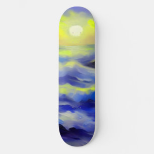 Painting of dark blue sea waves under the sun skateboard
