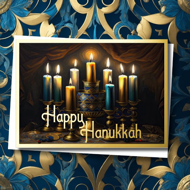 Painting of Elegant Menorah Gold Blue Foil Holiday Card (Creator Uploaded)