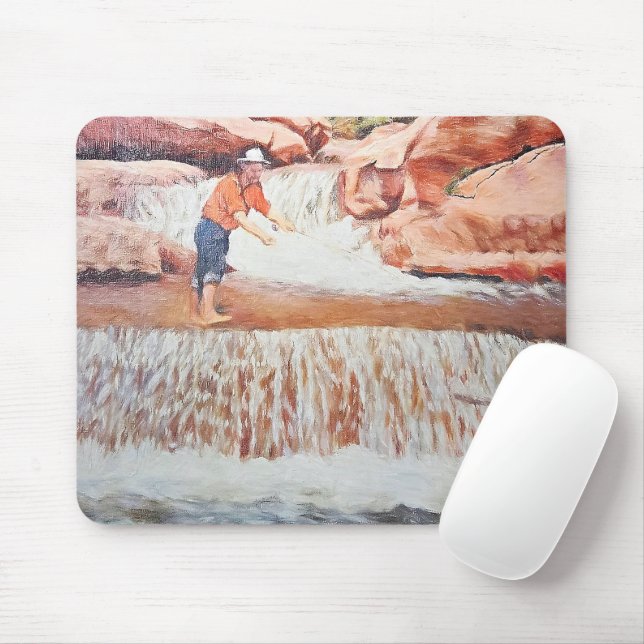 Painting of Fisherman In Waterfall Mouse Pad (With Mouse)