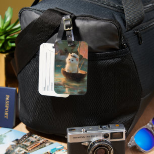 Painting of Fluffy White Kitten Sailing in Coconut Luggage Tag
