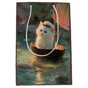 Painting of Fluffy White Kitten Sailing in Coconut Medium Gift Bag