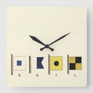Painting of Four Flags with Sail Written Beneath Square Wall Clock